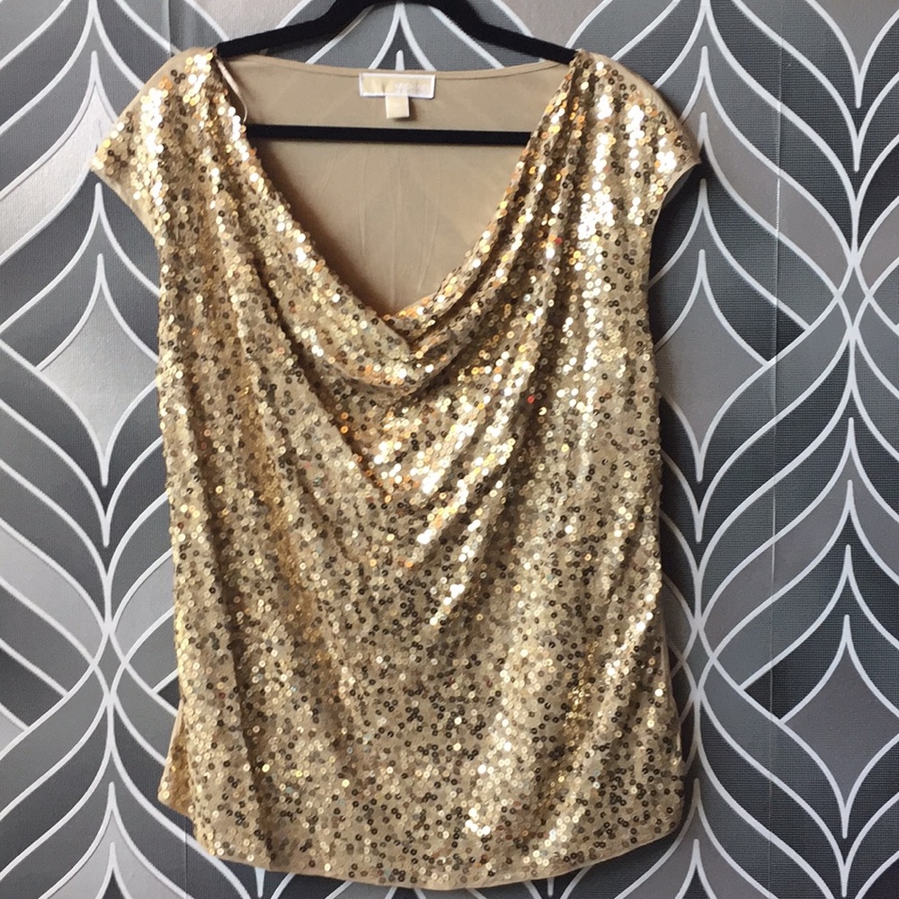 Gold sequin draped top.